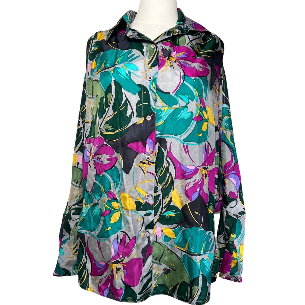 Vintage 100%‎ Silk Tropical Floral Batwing Button Down Shirt Bold Vacation L